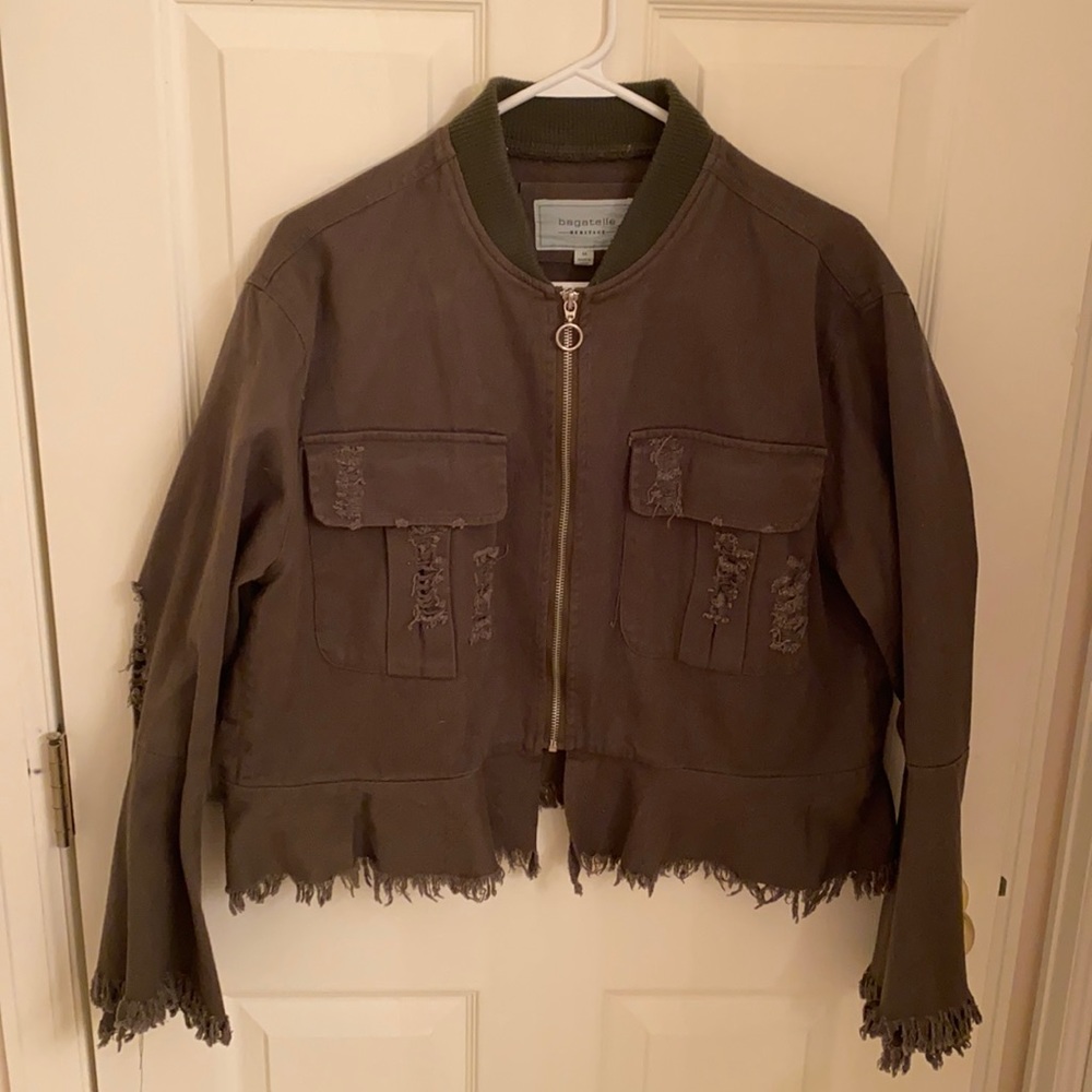 Green bomber jacket with flowy sleeves